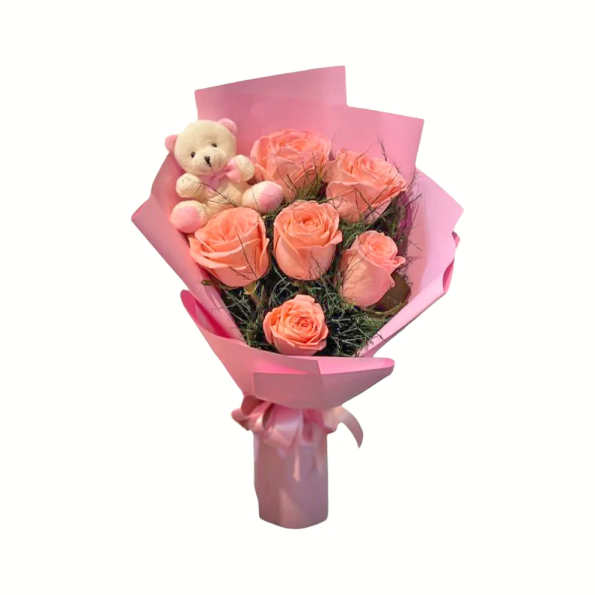 6'lı Peluş Ayıcıklı Pembe Gül Buketi