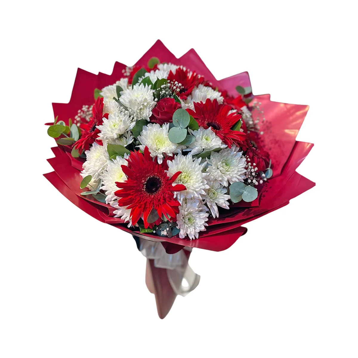 Kırmızı Gerbera ve Beyaz Kasımpatı Buketi (Kırmızı Kağıtta)